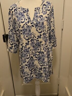 Yala Cotton 3/4 Sleeve Blue And White Tunic Blouse Size M